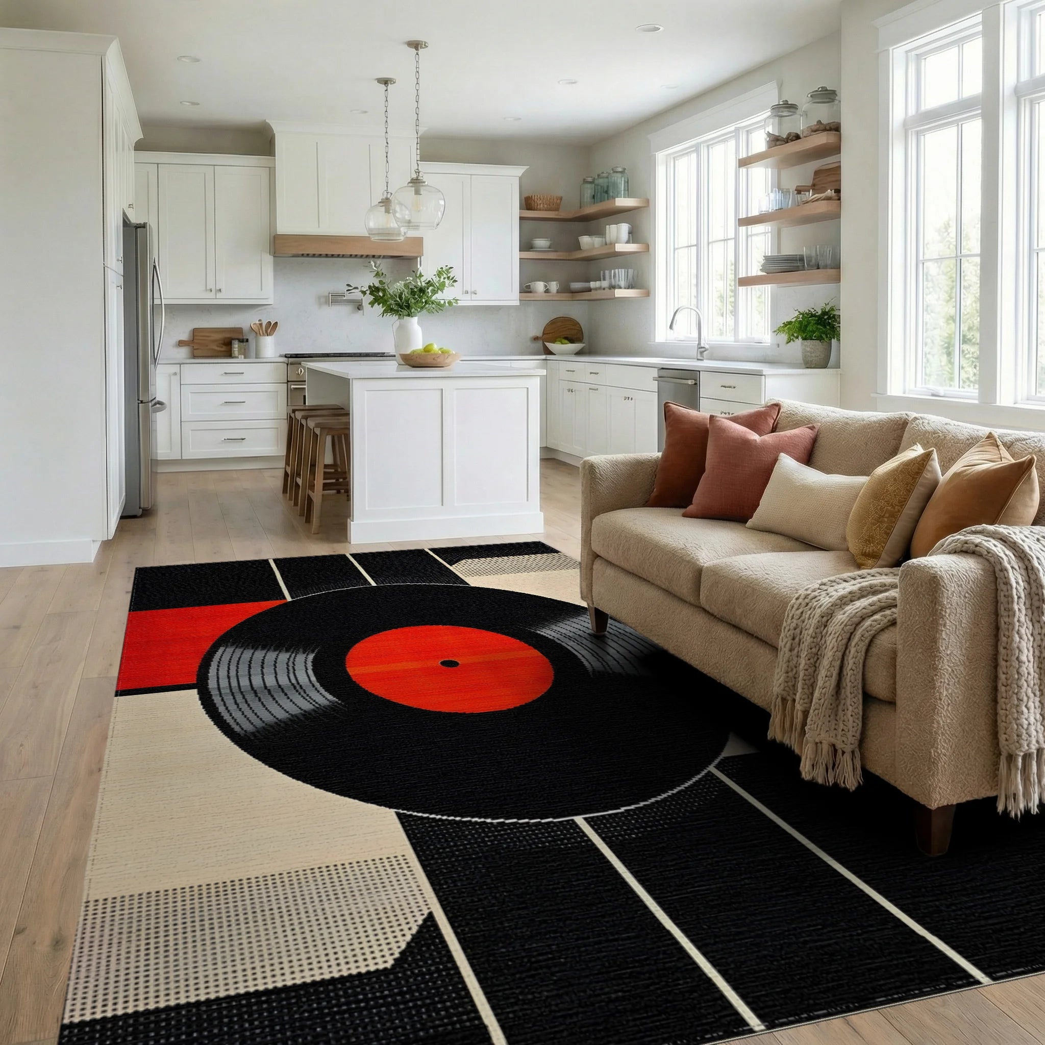 Modern Black Red Vinyl Record Rug - Living Room View