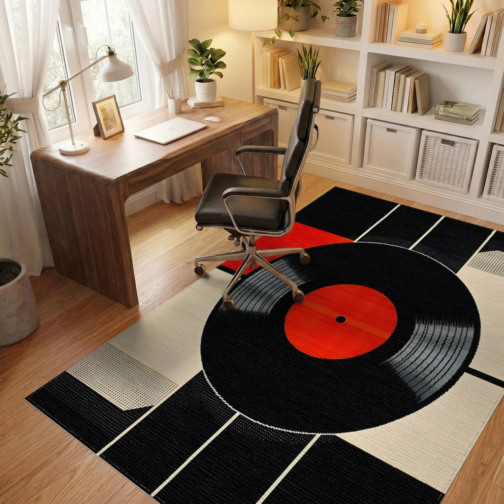 Modern Black Red Vinyl Record Rug - Office View