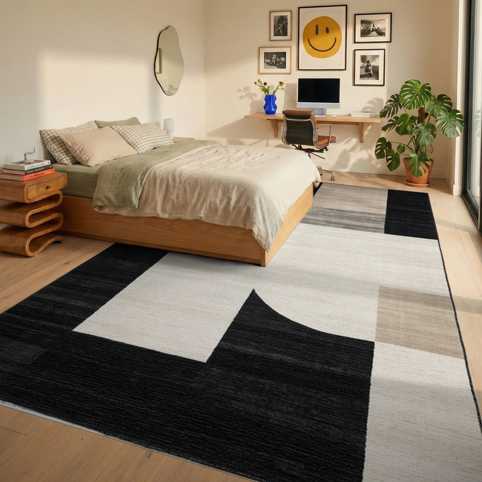 Modern Black White Geometric Abstract Rug - Bedroom View