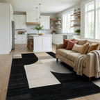 Modern Black White Geometric Abstract Rug - Living Room View