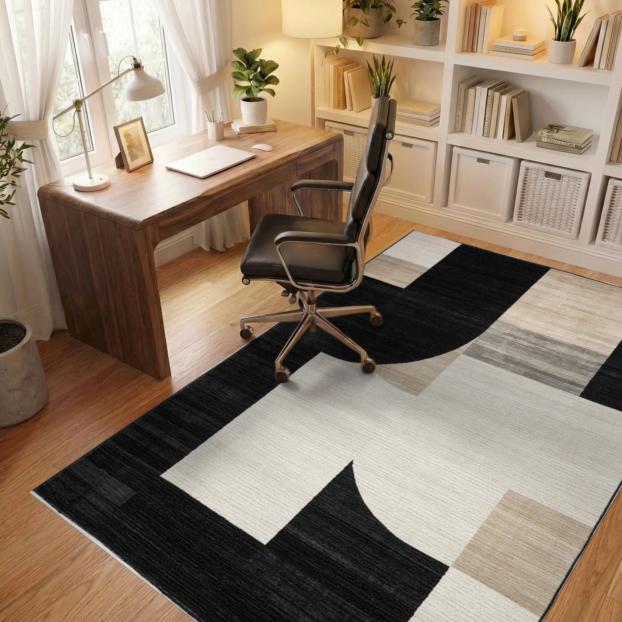 Modern Black White Geometric Abstract Rug - Office View