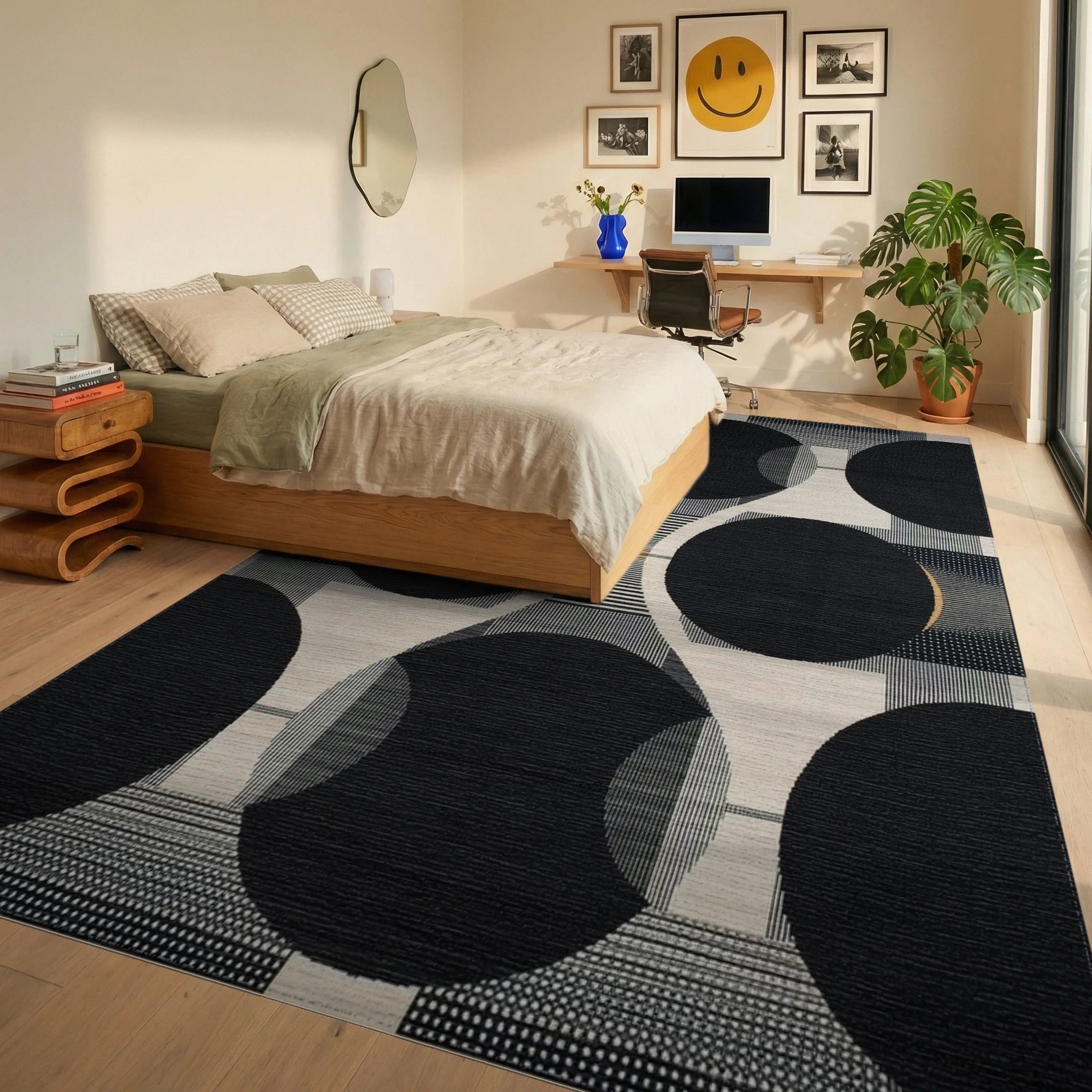 Modern Black White Geometric Circles Rug - Bedroom View