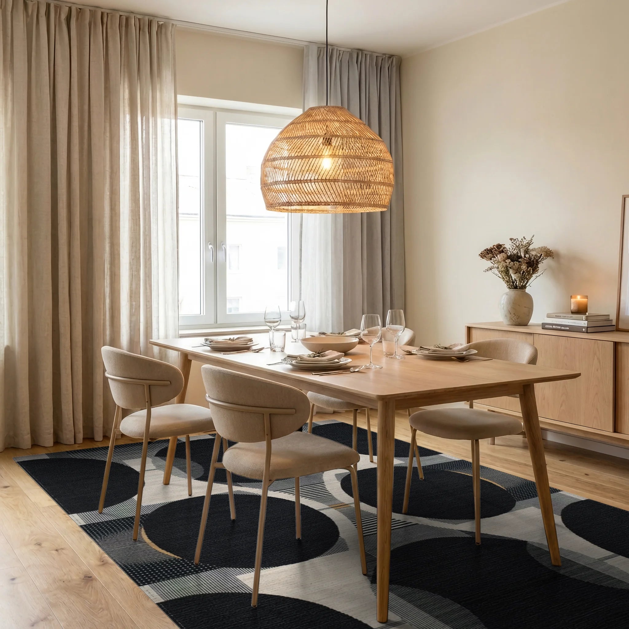 Modern Black White Geometric Circles Rug - Dining Room View