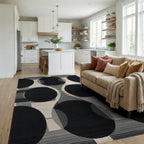 Modern Black White Geometric Circles Rug - Living Room View
