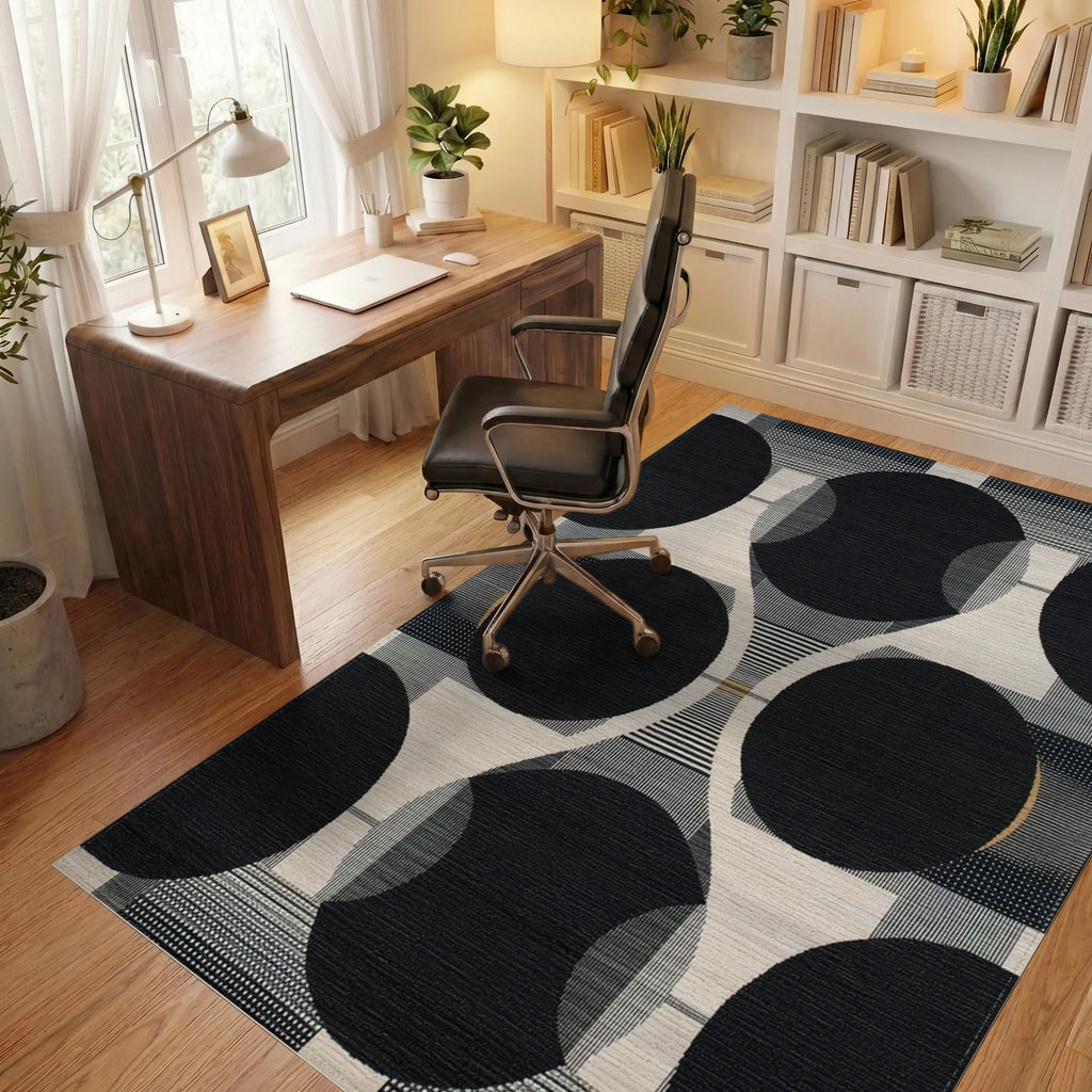 Modern Black White Geometric Circles Rug - Office View