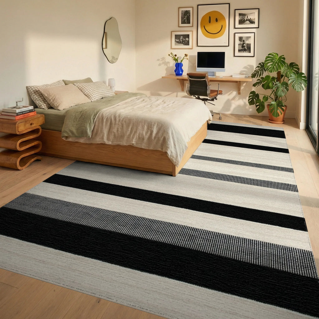 Modern Black White Horizontal Stripe Rug - Bedroom View