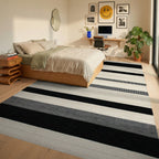 Modern Black White Horizontal Stripe Rug - Bedroom View