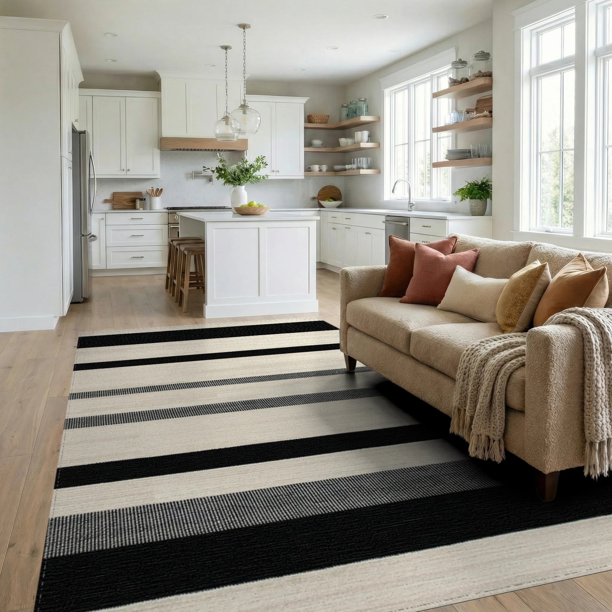 Modern Black White Horizontal Stripe Rug - Living Room View
