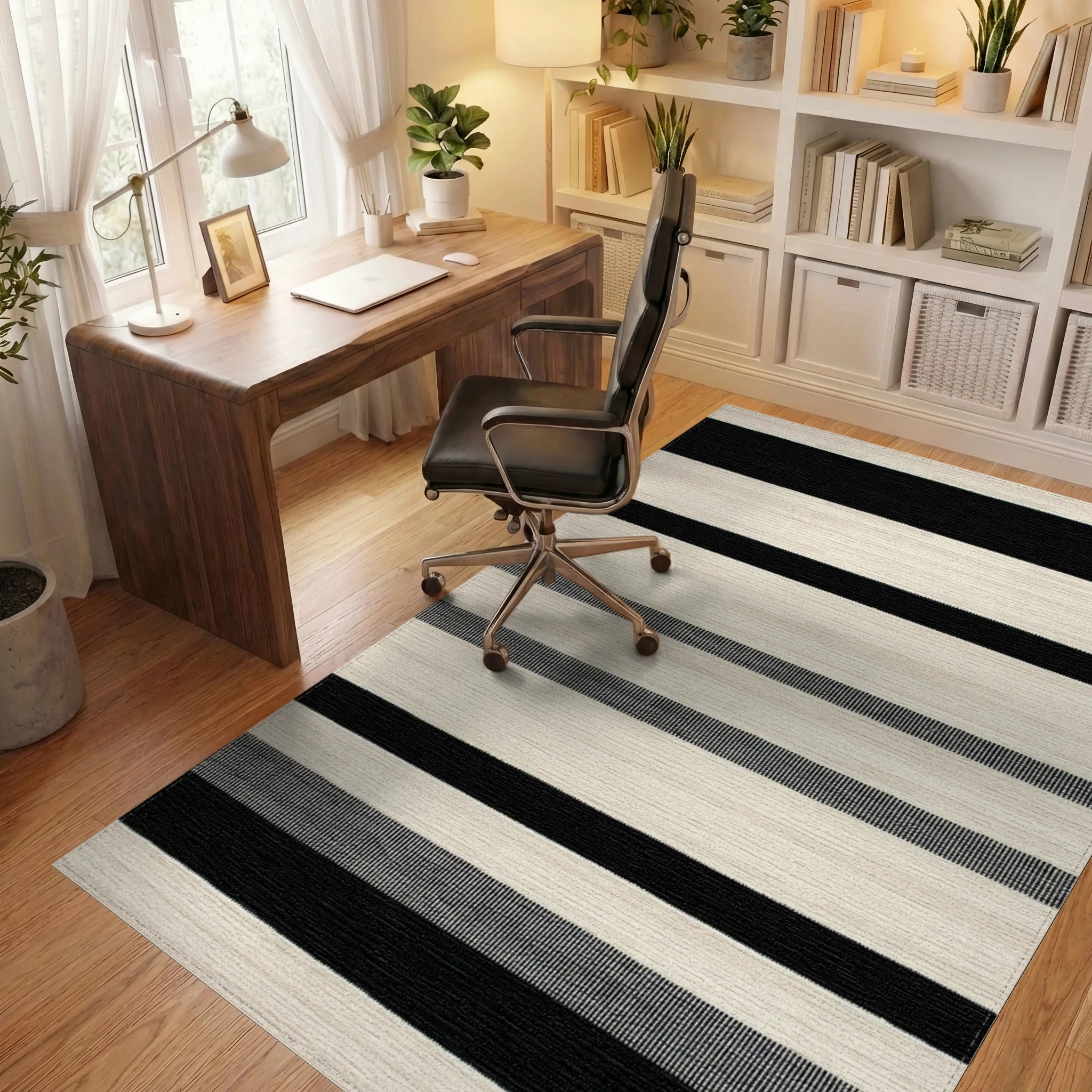 Modern Black White Horizontal Stripe Rug - Office View
