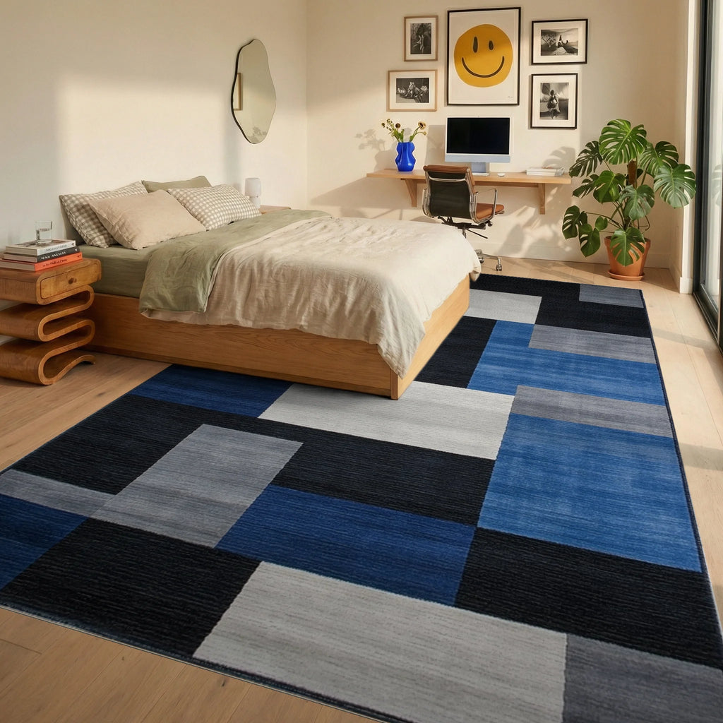 Modern Blue Gray Geometric Blocks Rug - Bedroom View