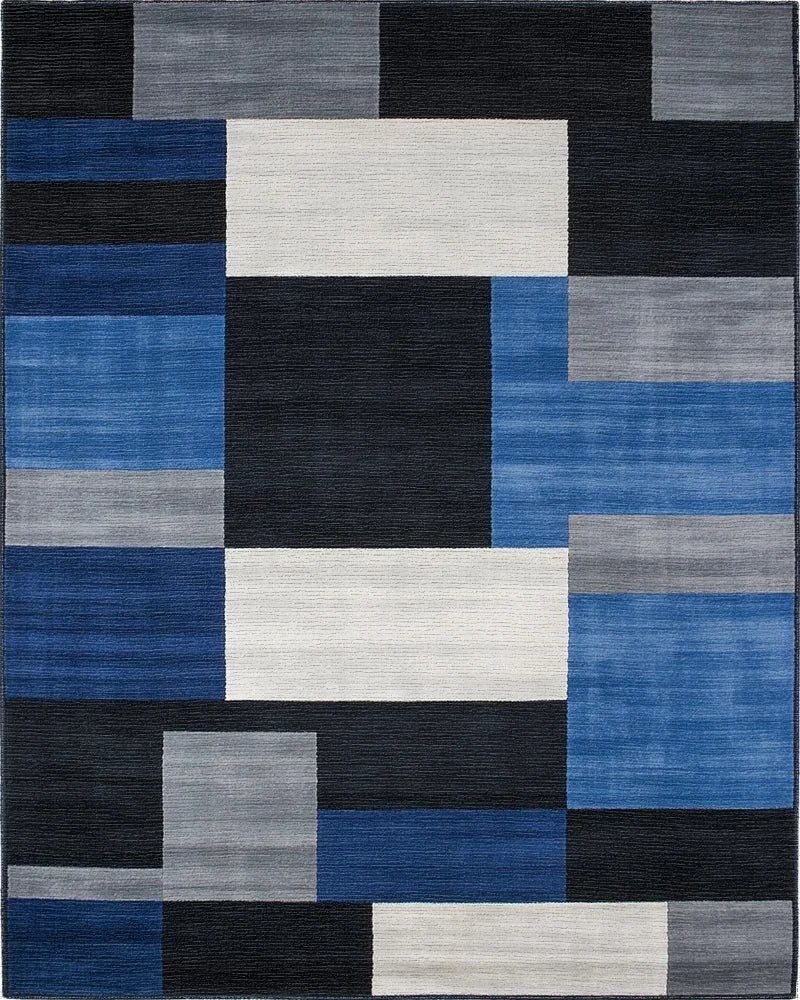 Modern Blue Gray Geometric Blocks Rug - Cutout View