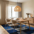 Modern Blue Gray Geometric Blocks Rug - Dining Room View