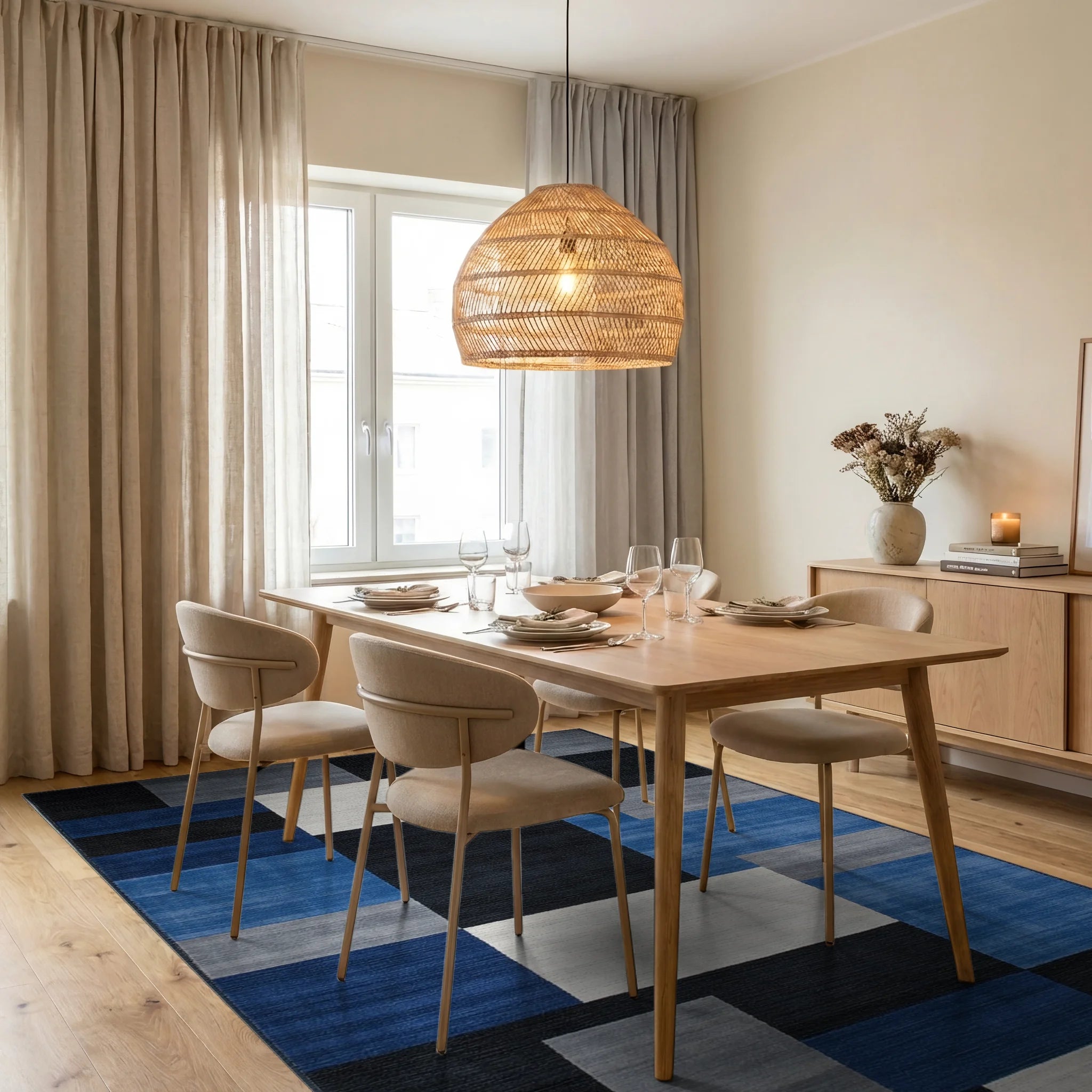 Modern Blue Gray Geometric Blocks Rug - Dining Room View