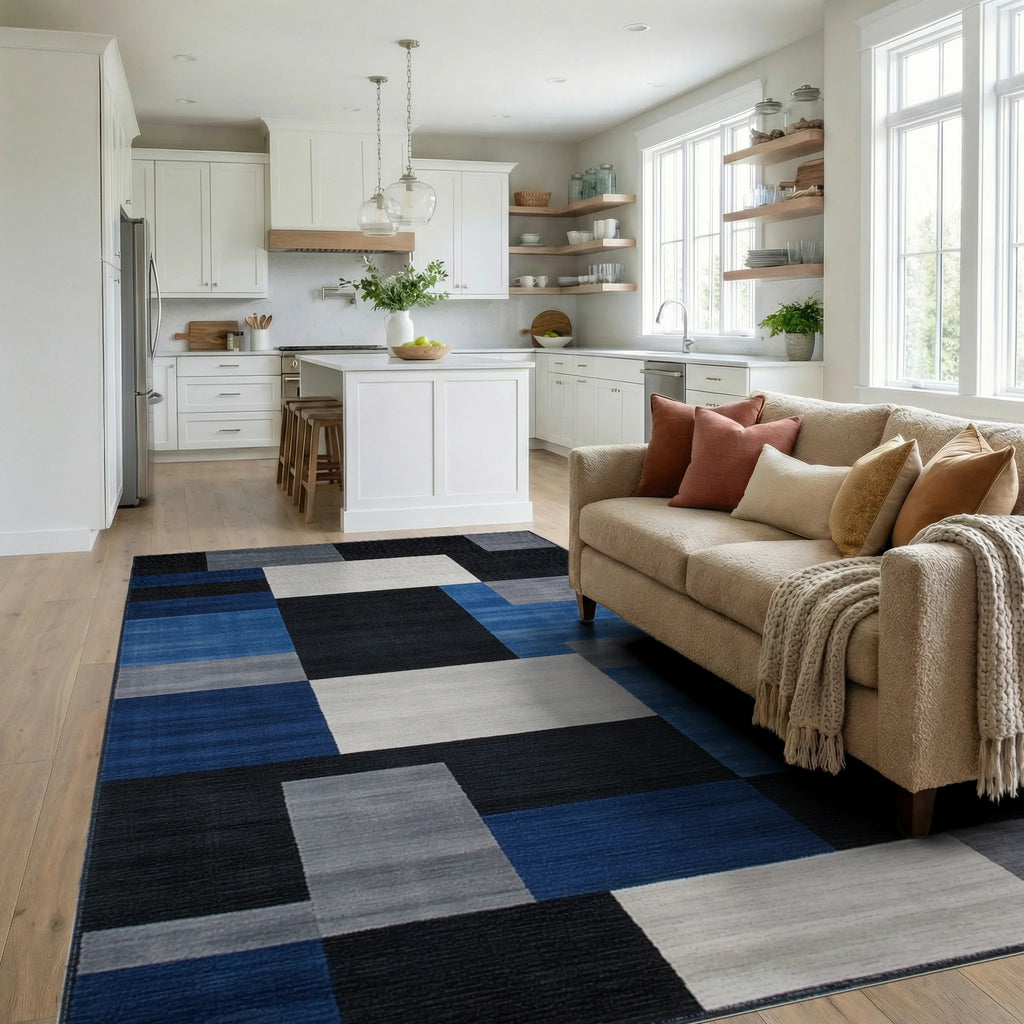 Modern Blue Gray Geometric Blocks Rug - Living Room View