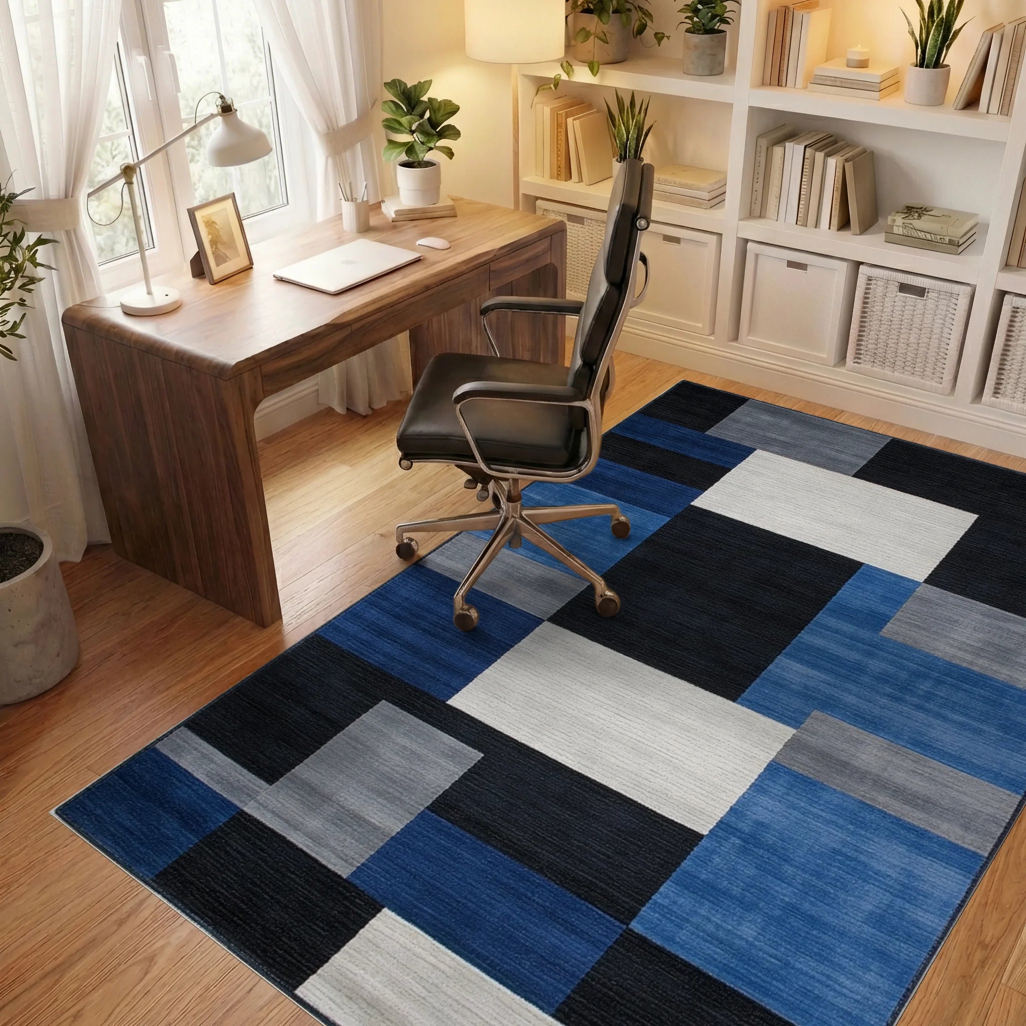 Modern Blue Gray Geometric Blocks Rug - Office View