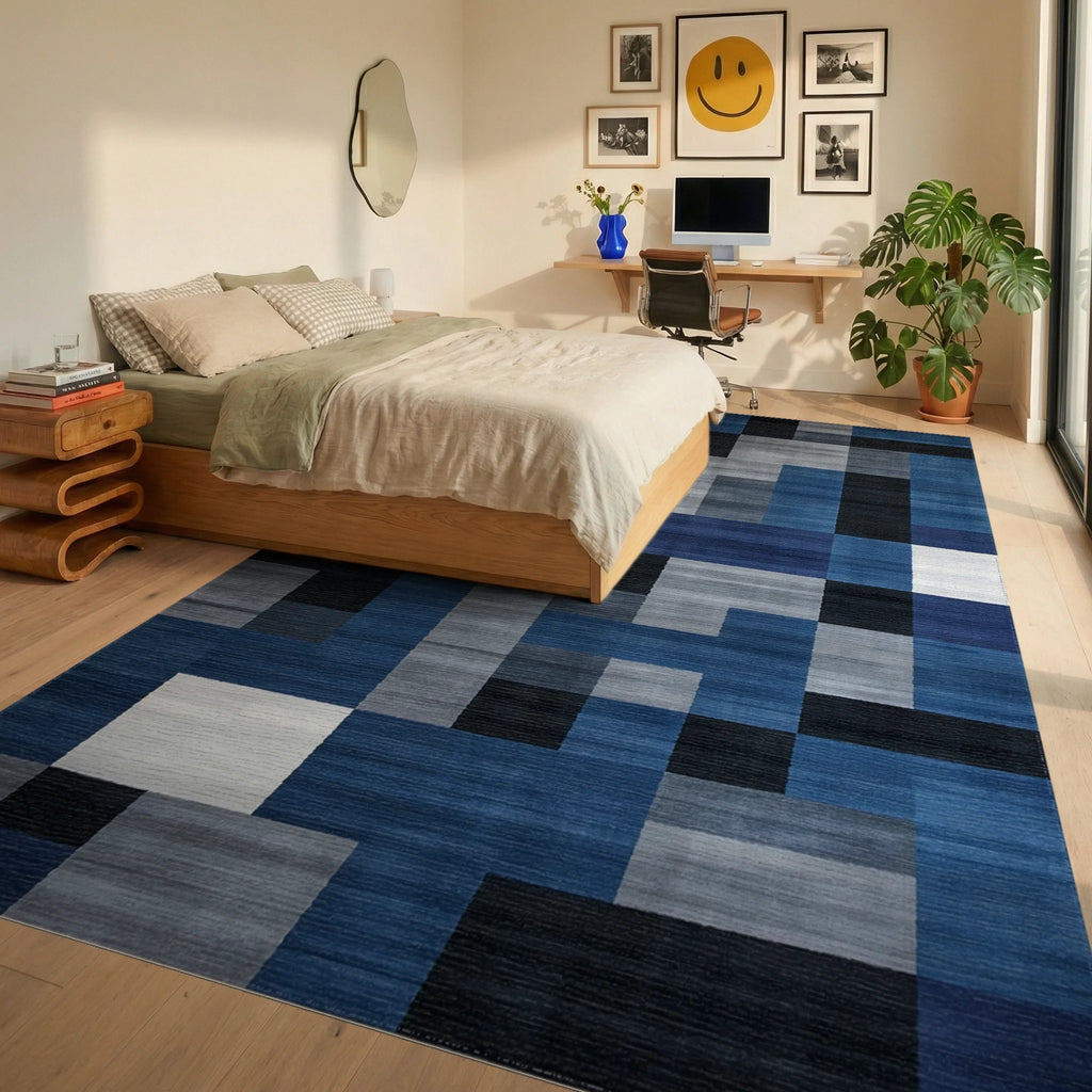 Modern Blue Grey Geometric Blocks Rug - Bedroom View
