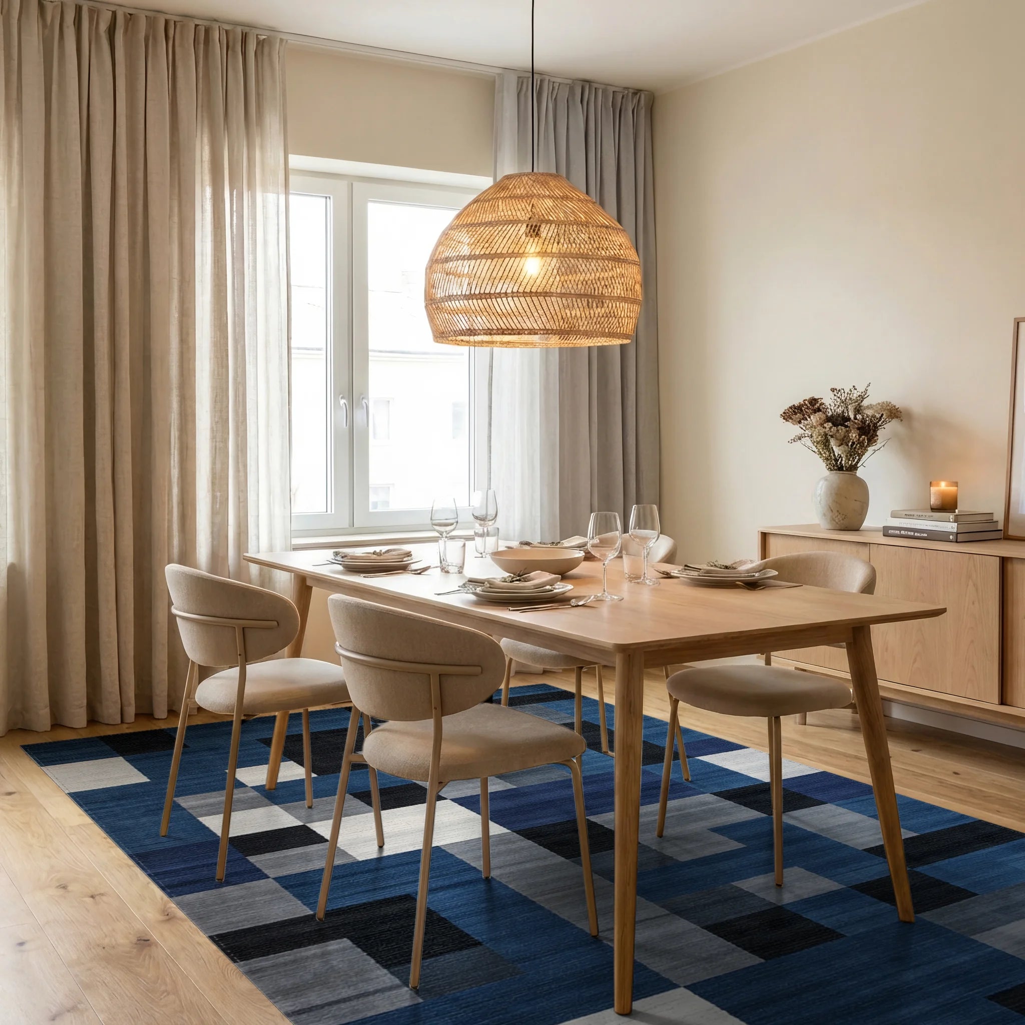 Modern Blue Grey Geometric Blocks Rug - Dining Room View