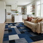 Modern Blue Grey Geometric Blocks Rug - Living Room View