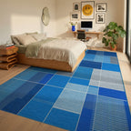 Modern Blue Grid Geometric Arrangement Rug - Bedroom View