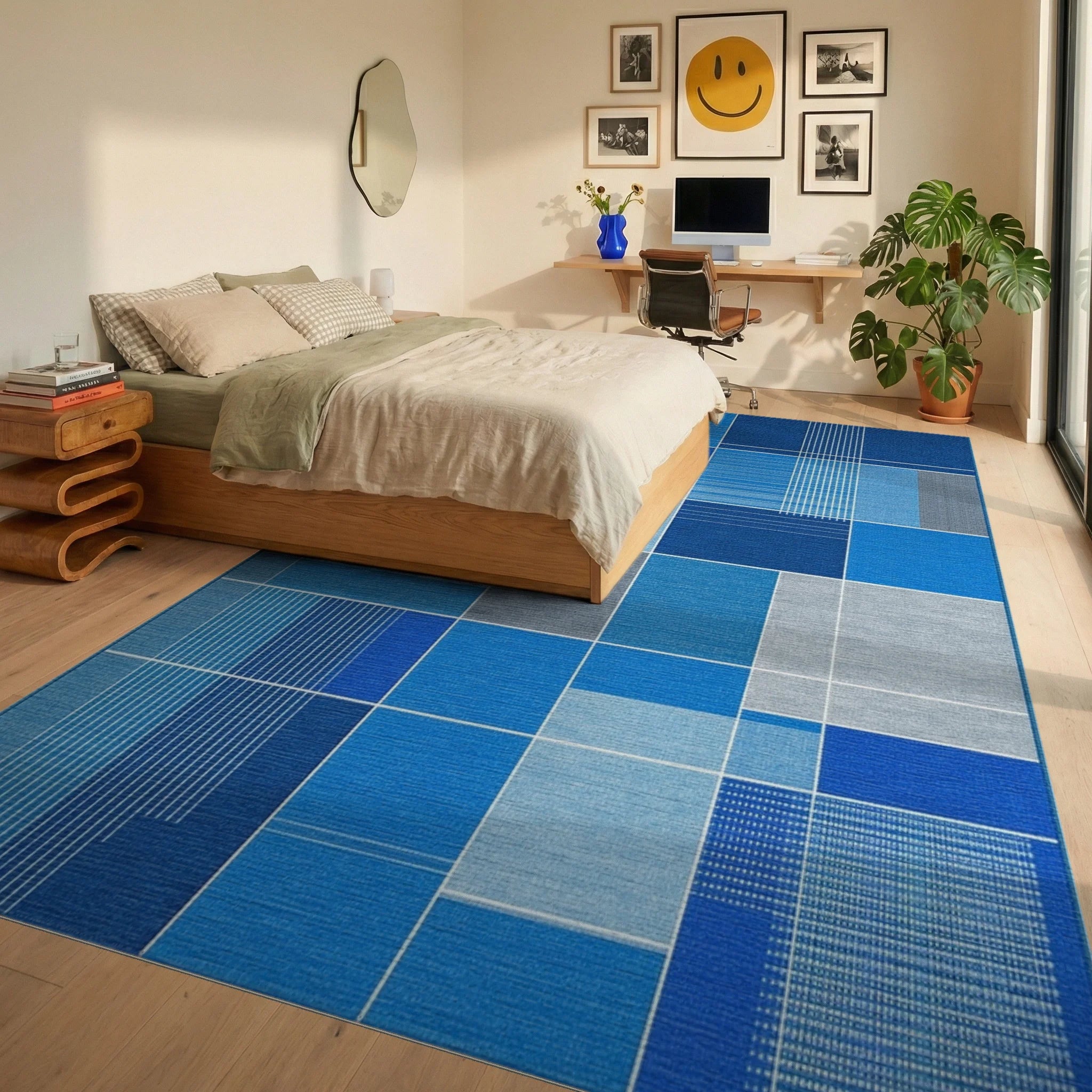 Modern Blue Grid Geometric Arrangement Rug - Bedroom View