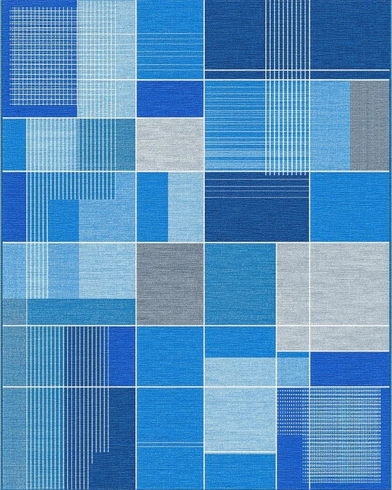 Modern Blue Grid Geometric Arrangement Rug - Cutout View