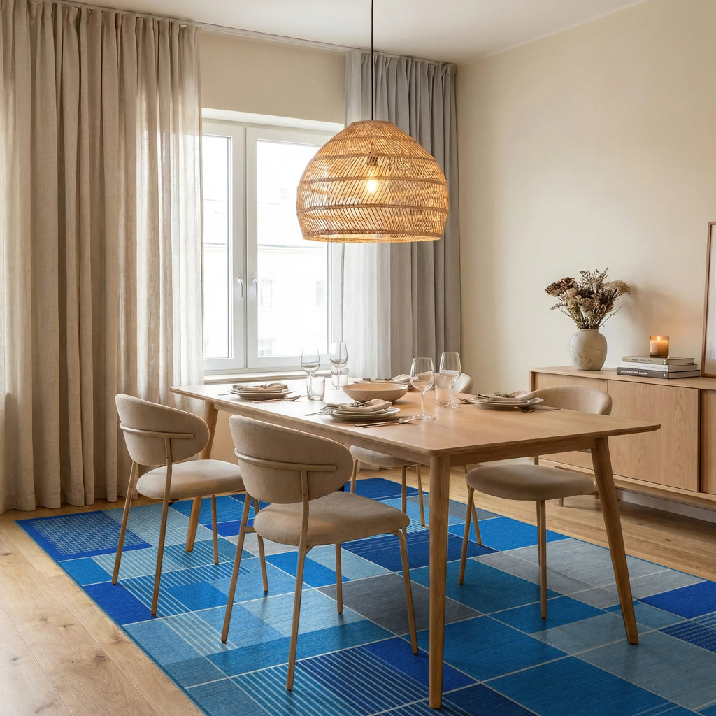 Modern Blue Grid Geometric Arrangement Rug - Dining Room View