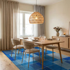 Modern Blue Grid Geometric Arrangement Rug - Dining Room View
