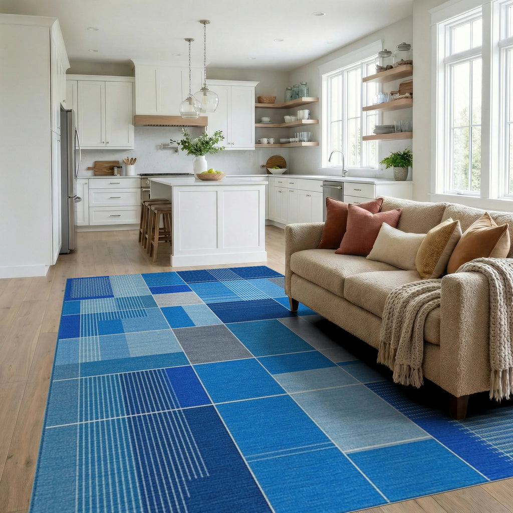 Modern Blue Grid Geometric Arrangement Rug - Living Room View
