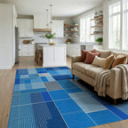 Modern Blue Grid Geometric Arrangement Rug - Living Room View