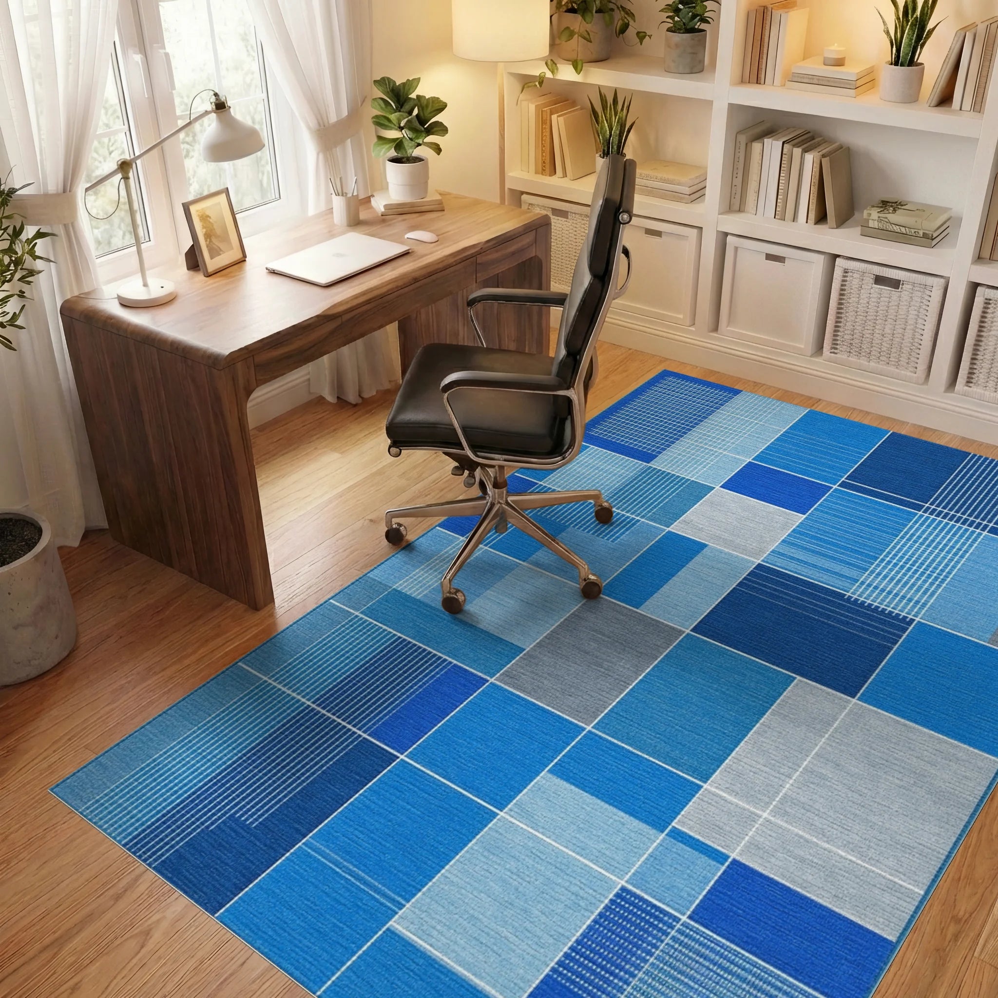 Modern Blue Grid Geometric Arrangement Rug - Office View