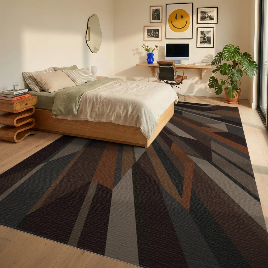 Modern Earthy Tone Geometric Rays Rug Bedroom View