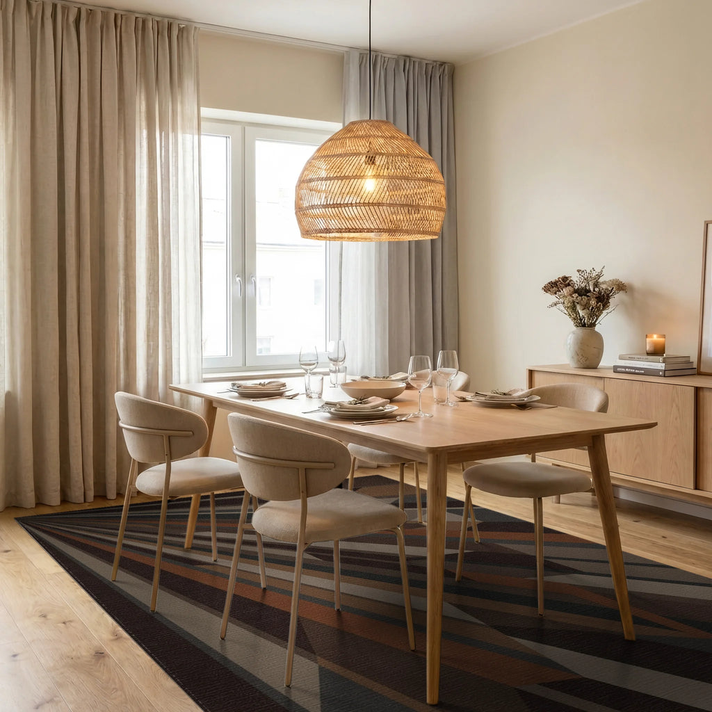 Modern Earthy Tone Geometric Rays Rug Dining Room View