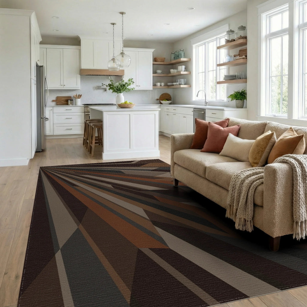 Modern Earthy Tone Geometric Rays Rug Living Room View
