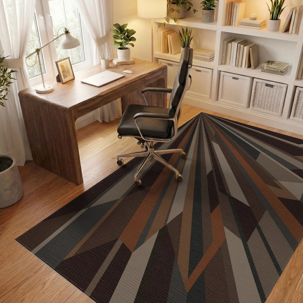 Modern Earthy Tone Geometric Rays Rug Office View