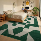 Modern Emerald Geo Abstract Rug - Bedroom View