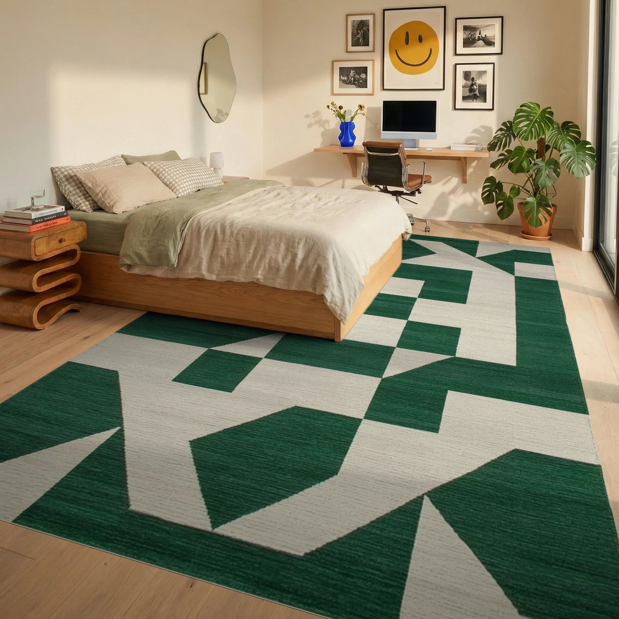 Modern Emerald Geo Abstract Rug - Bedroom View