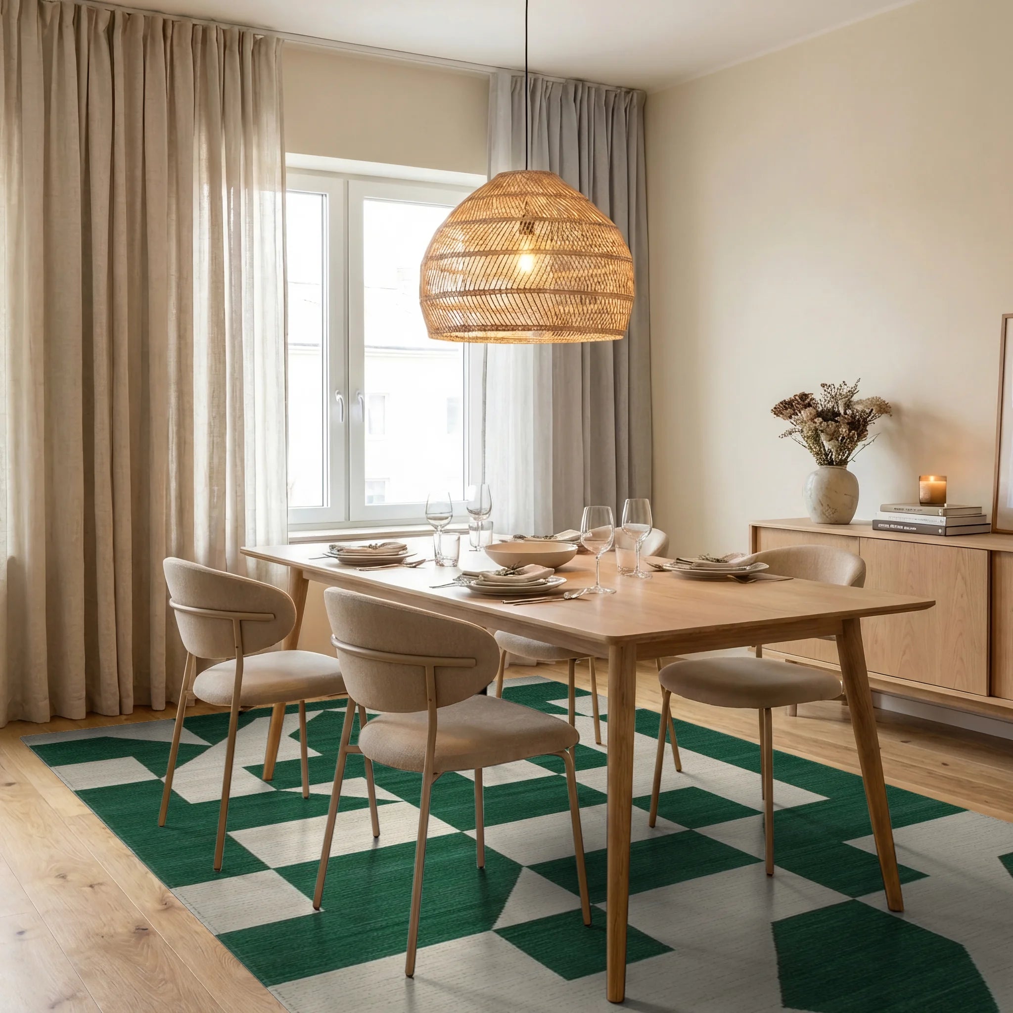Modern Emerald Geo Abstract Rug - Dining Room View