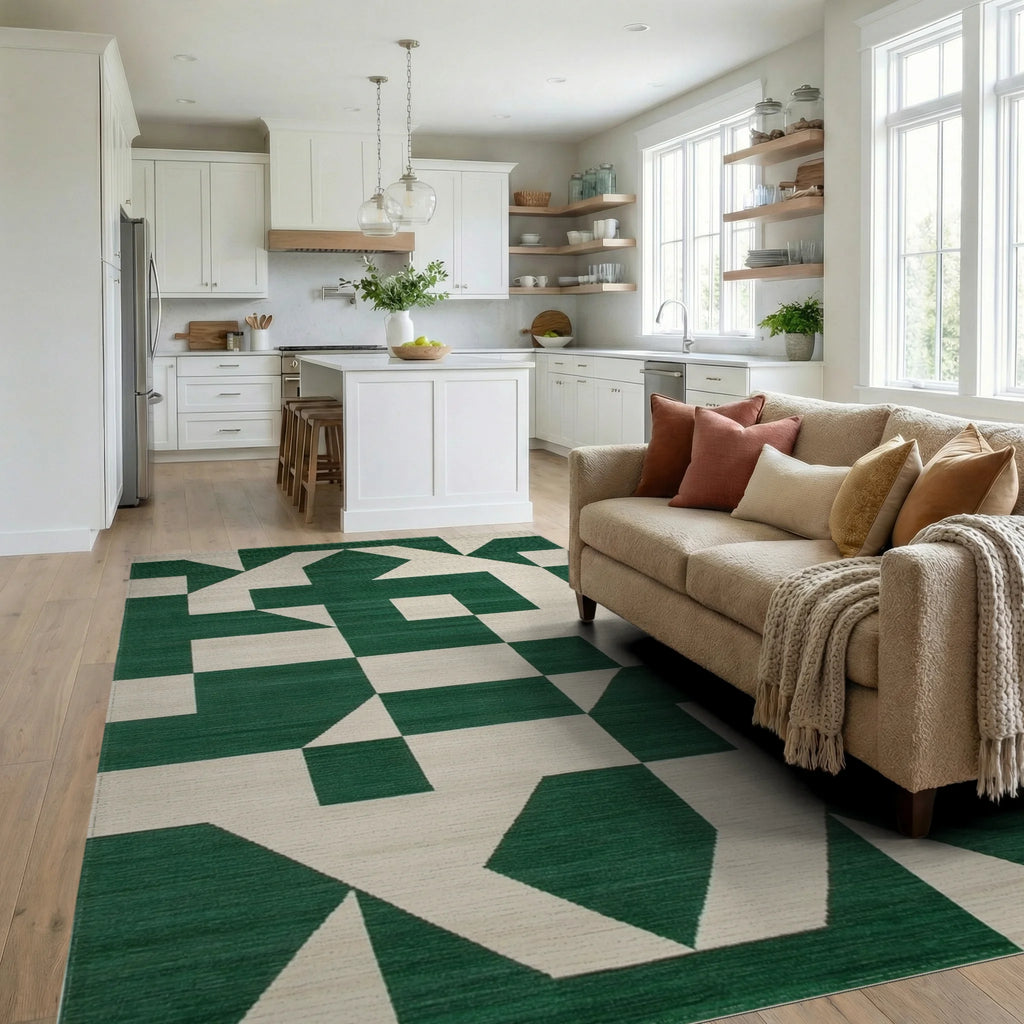 Modern Emerald Geo Abstract Rug - Living Room View