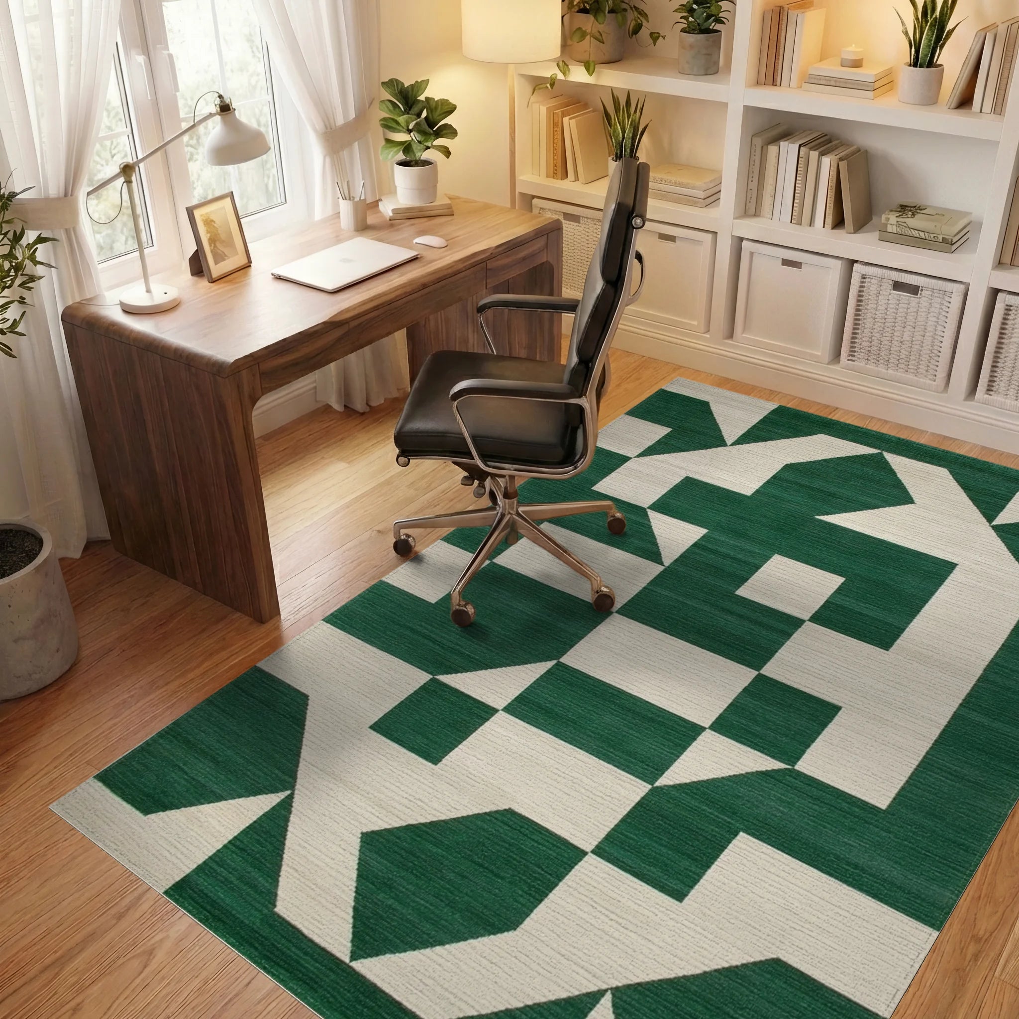 Modern Emerald Geo Abstract Rug - Office View