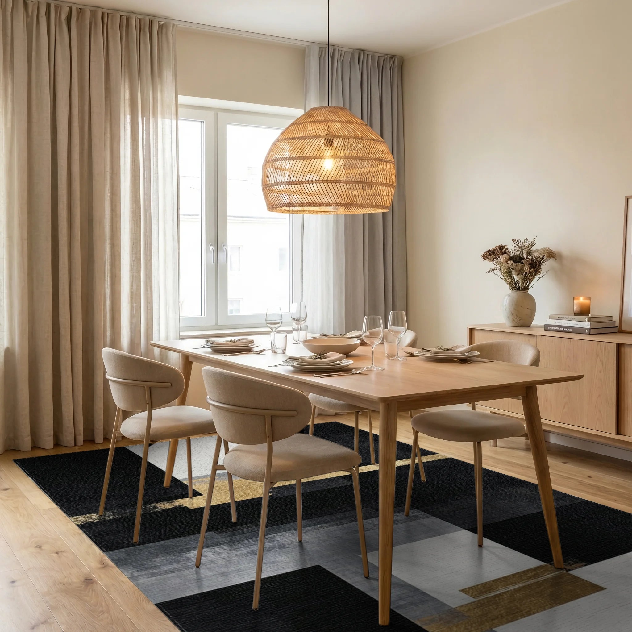 Modern Geometric Gold Accents Rug - Dining Room View
