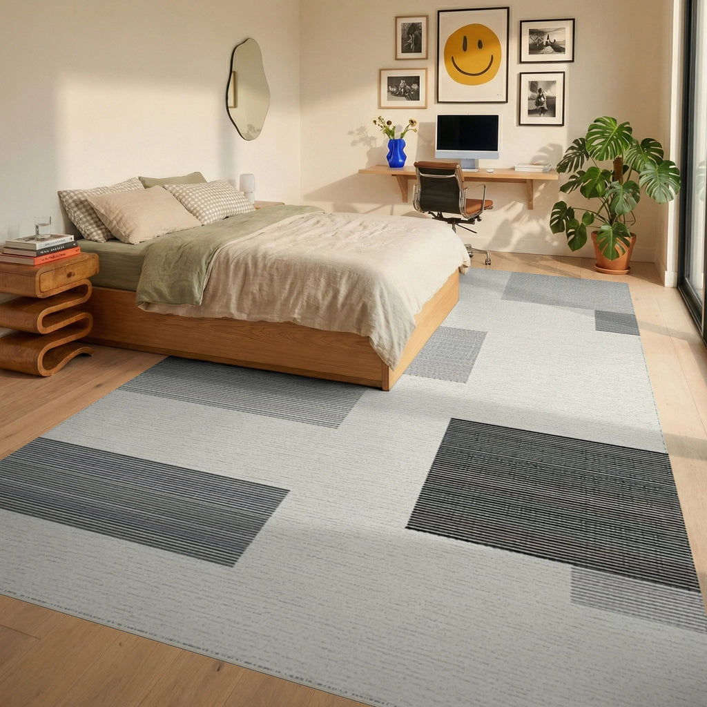 Modern Geometric Lines Black White Rug - Bedroom View