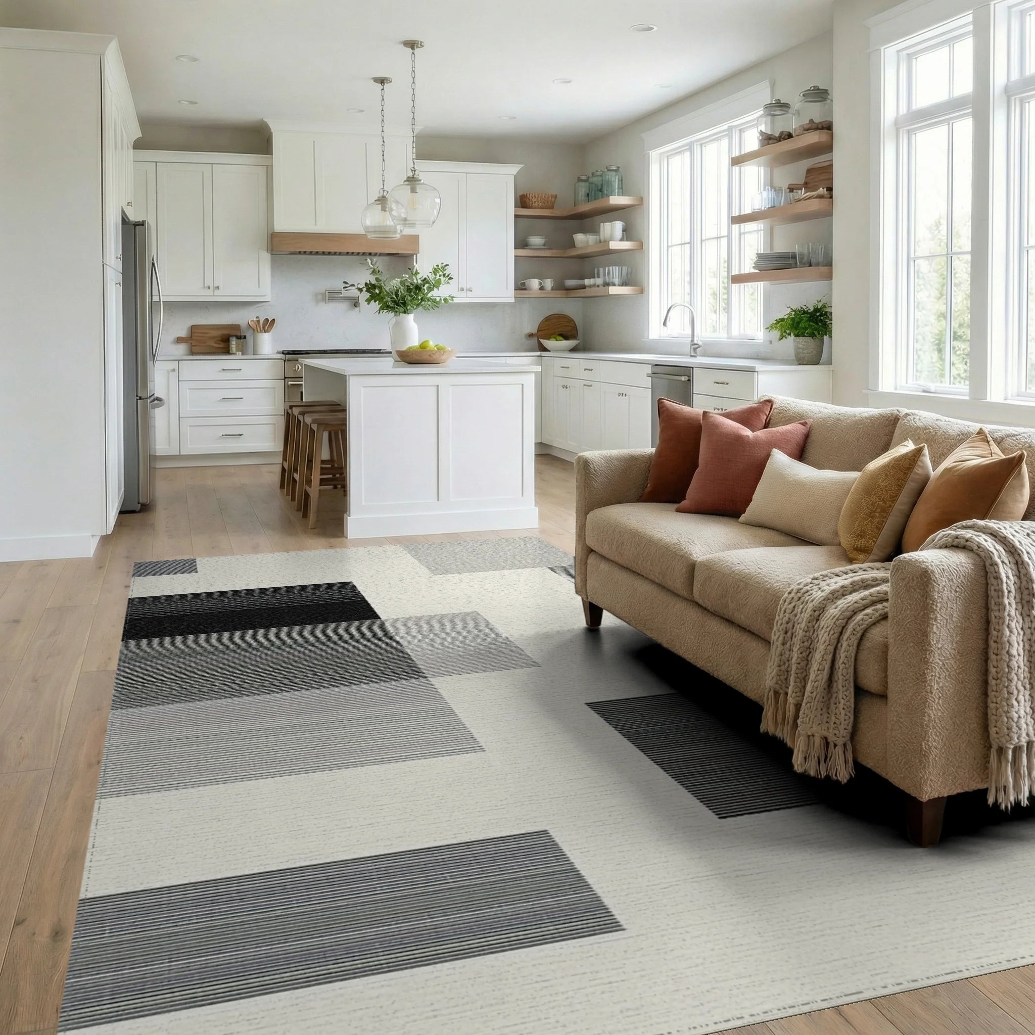 Modern Geometric Lines Black White Rug - Living Room View