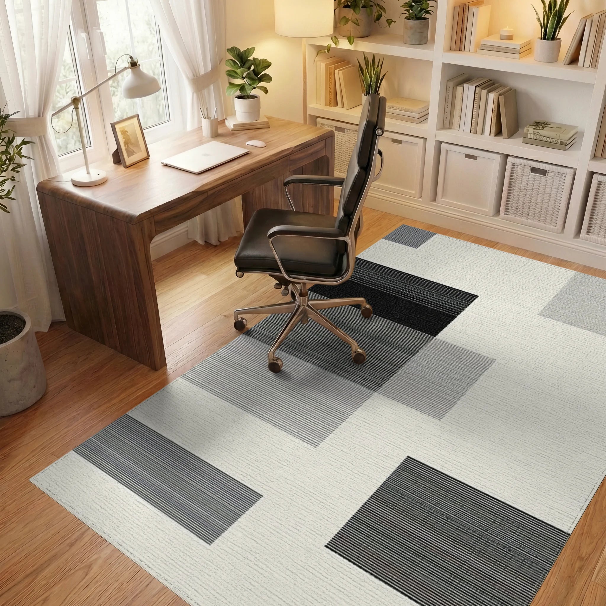 Modern Geometric Lines Black White Rug - Office View