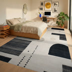 Modern Geometric Monochrome Composition Rug - Bedroom View