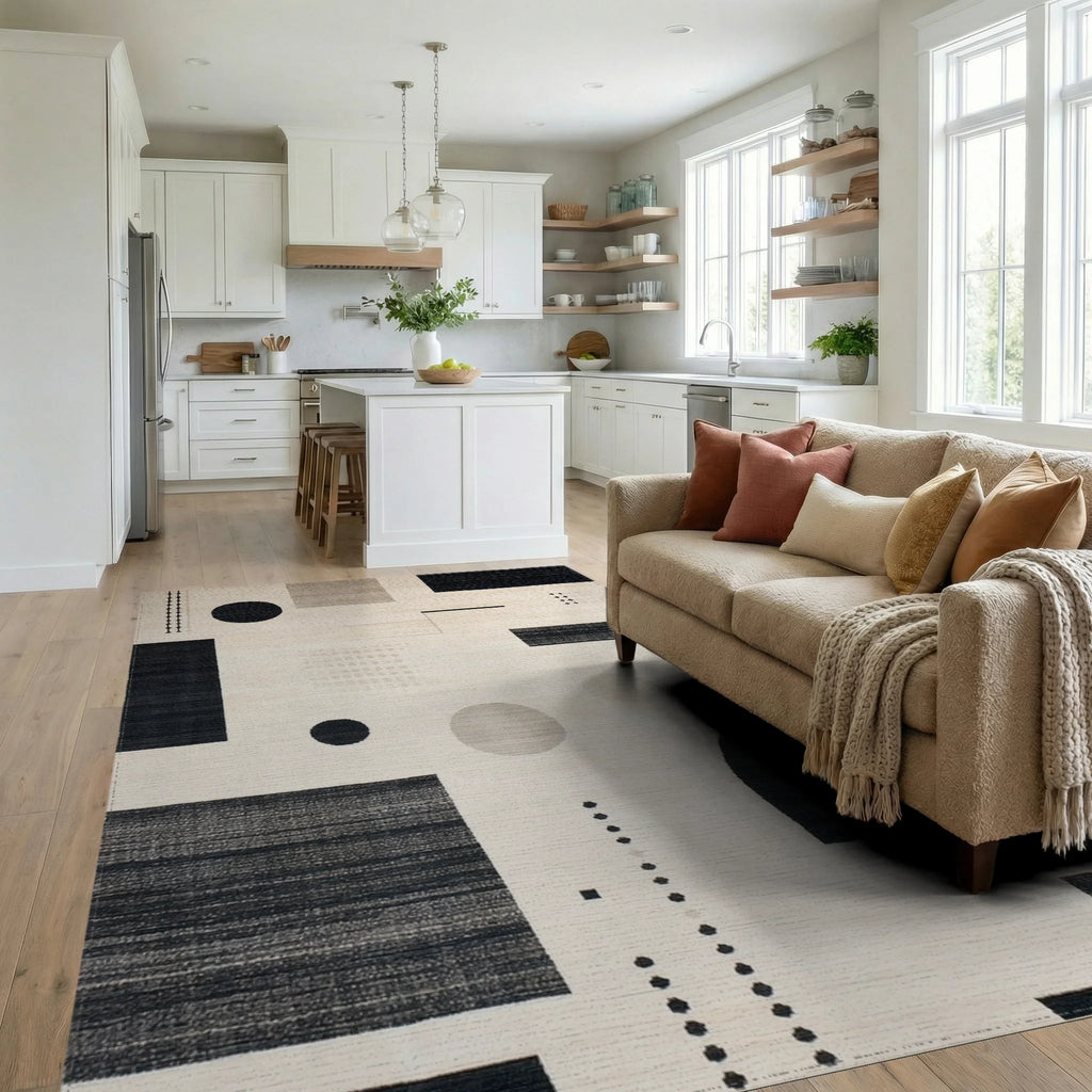 Modern Geometric Monochrome Composition Rug - Living Room View