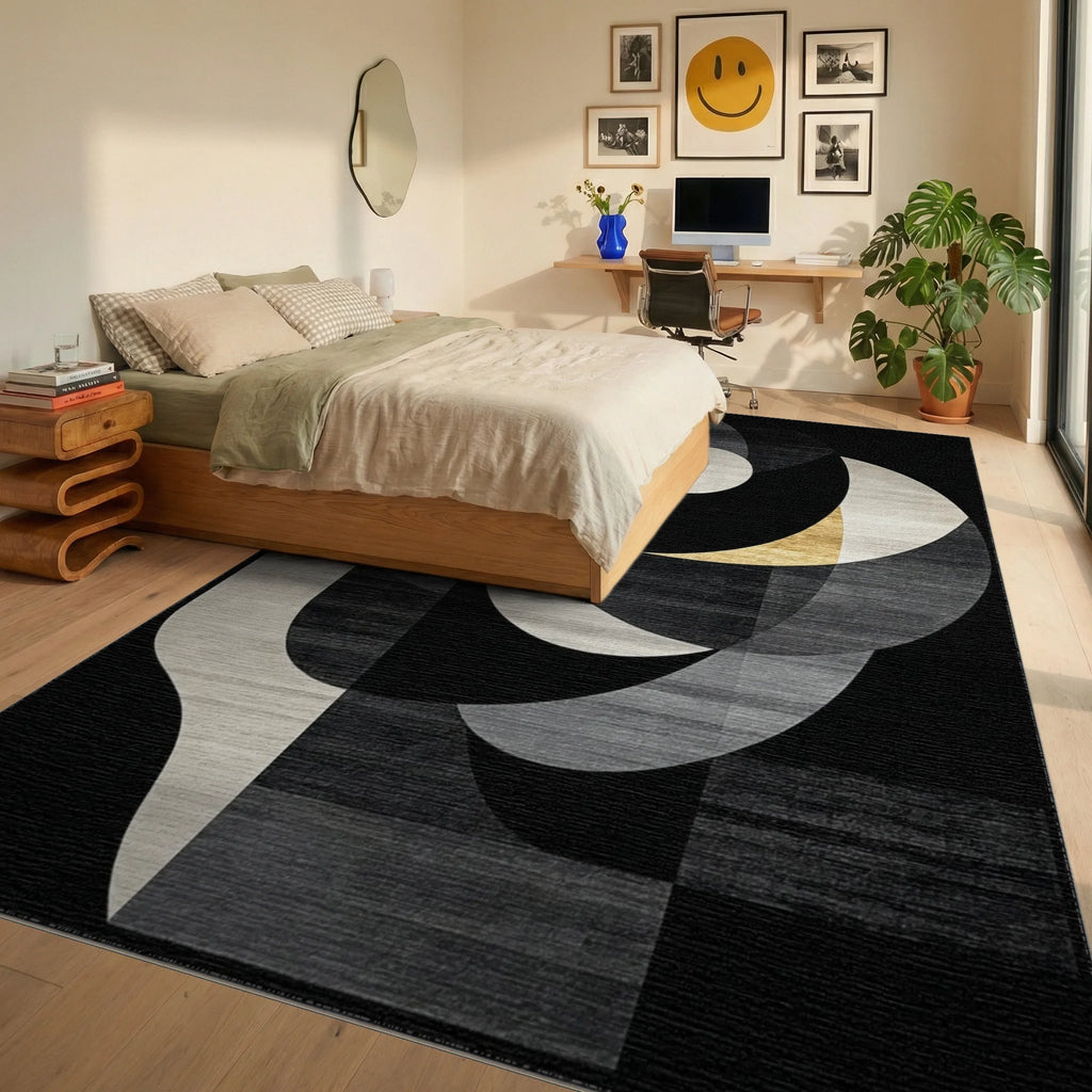 Modern Gold Black Geometric Swirl Rug - Bedroom View