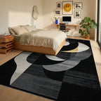 Modern Gold Black Geometric Swirl Rug - Bedroom View