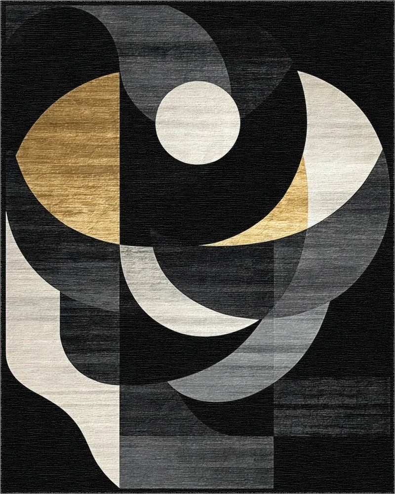 Modern Gold Black Geometric Swirl Rug - Cutout View