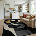 Modern Gold Black Geometric Swirl Rug - Living Room View