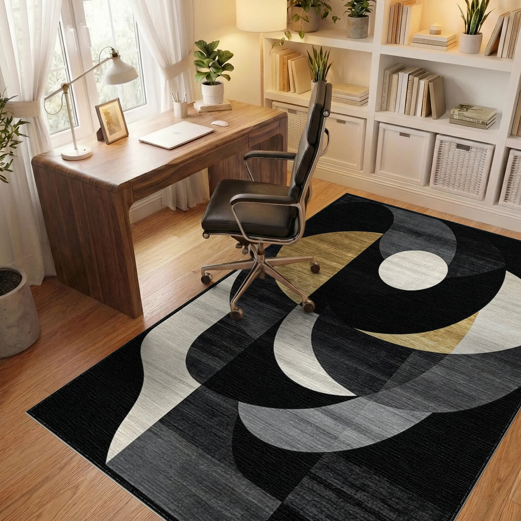 Modern Gold Black Geometric Swirl Rug - Office View